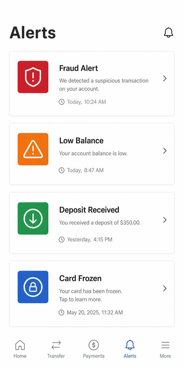 Alerts screen of a fintech app built by Wve Labs