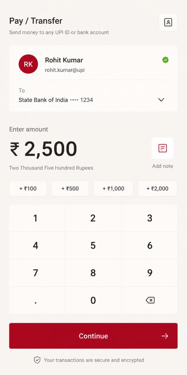 Transfer screen of a fintech app built by Wve Labs